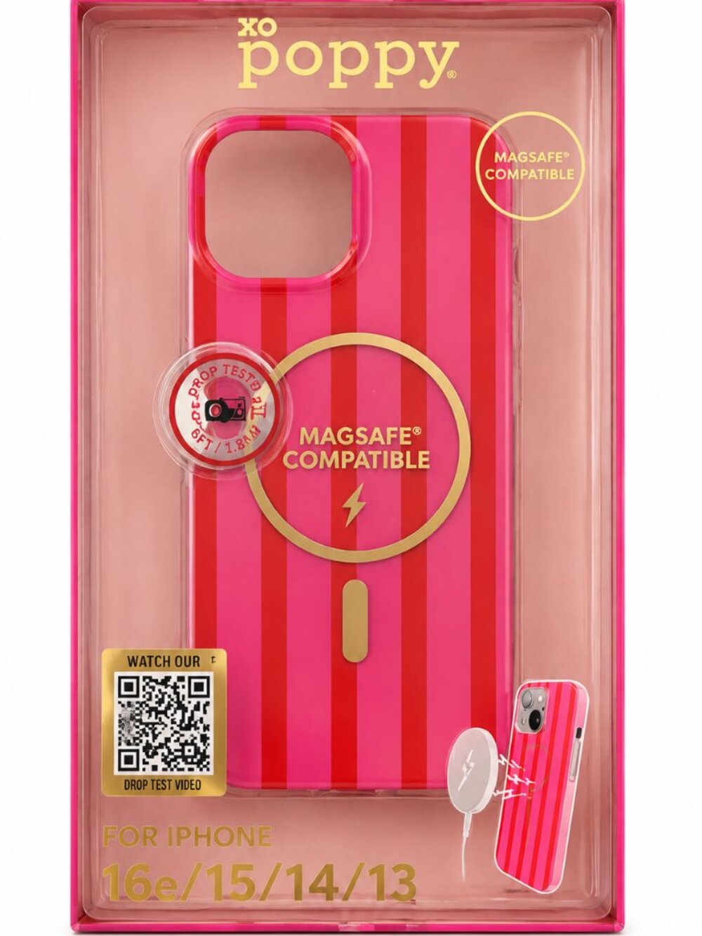 XO POPPY MagSafe Compatible Pink Striped iPhone Case for 16e, 15, 14, AND 13